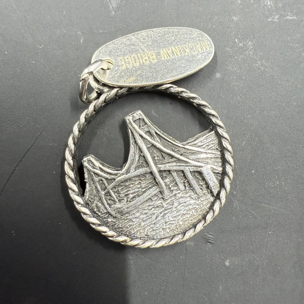 Vintage Sterling Silver‎ Round Mackinac Bridge Charm w/ Rope Detail and Oval Tag